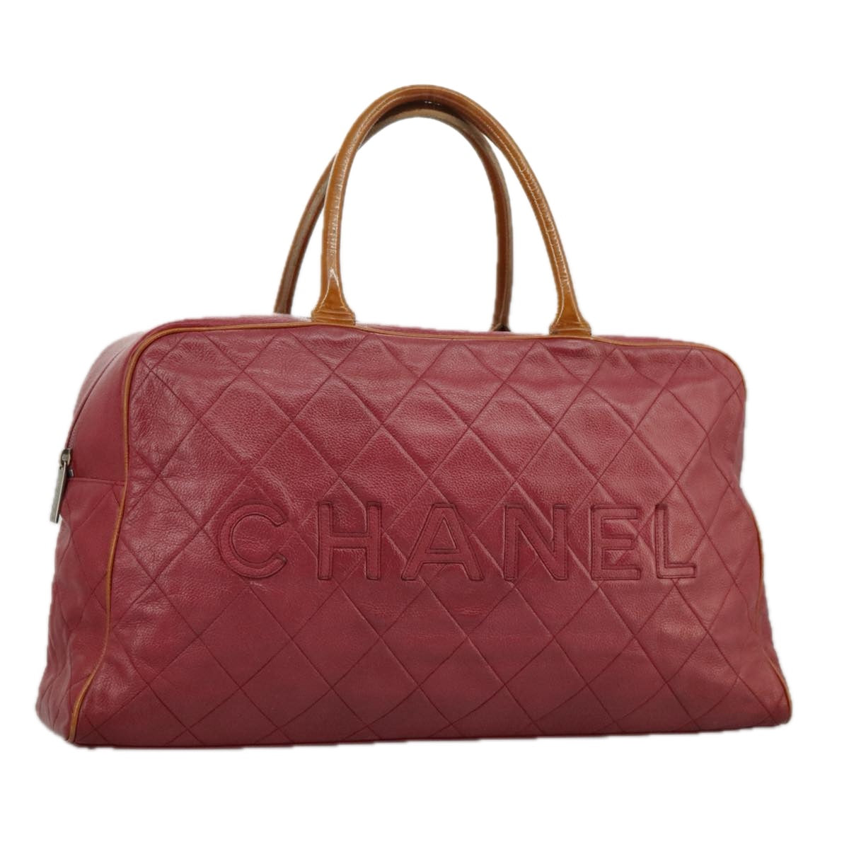 CHANEL Matelasse Boston Bag Caviar Skin Red CC 97743