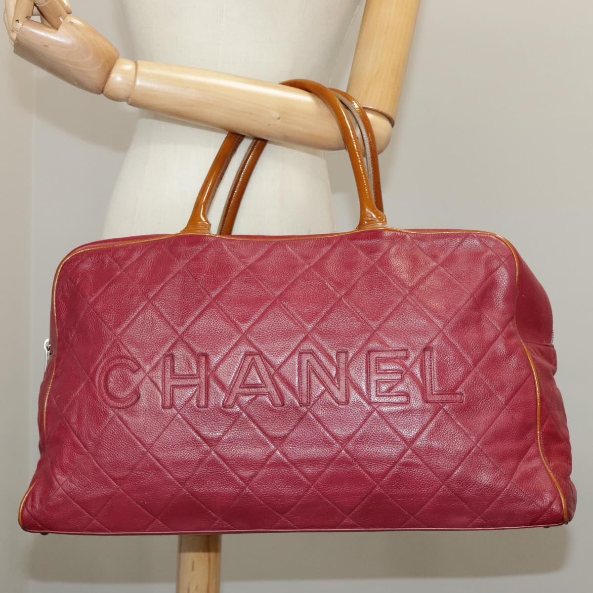 CHANEL Matelasse Boston Bag Caviar Skin Red CC 97743