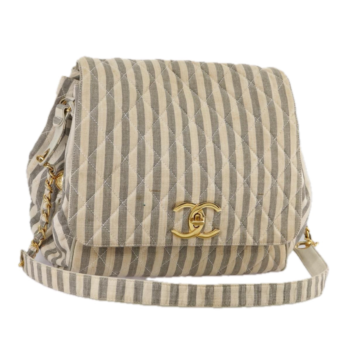 CHANEL Matelasse Big COCO Mark Chain Shoulder Bag Canvas Gray Gold CC 97974