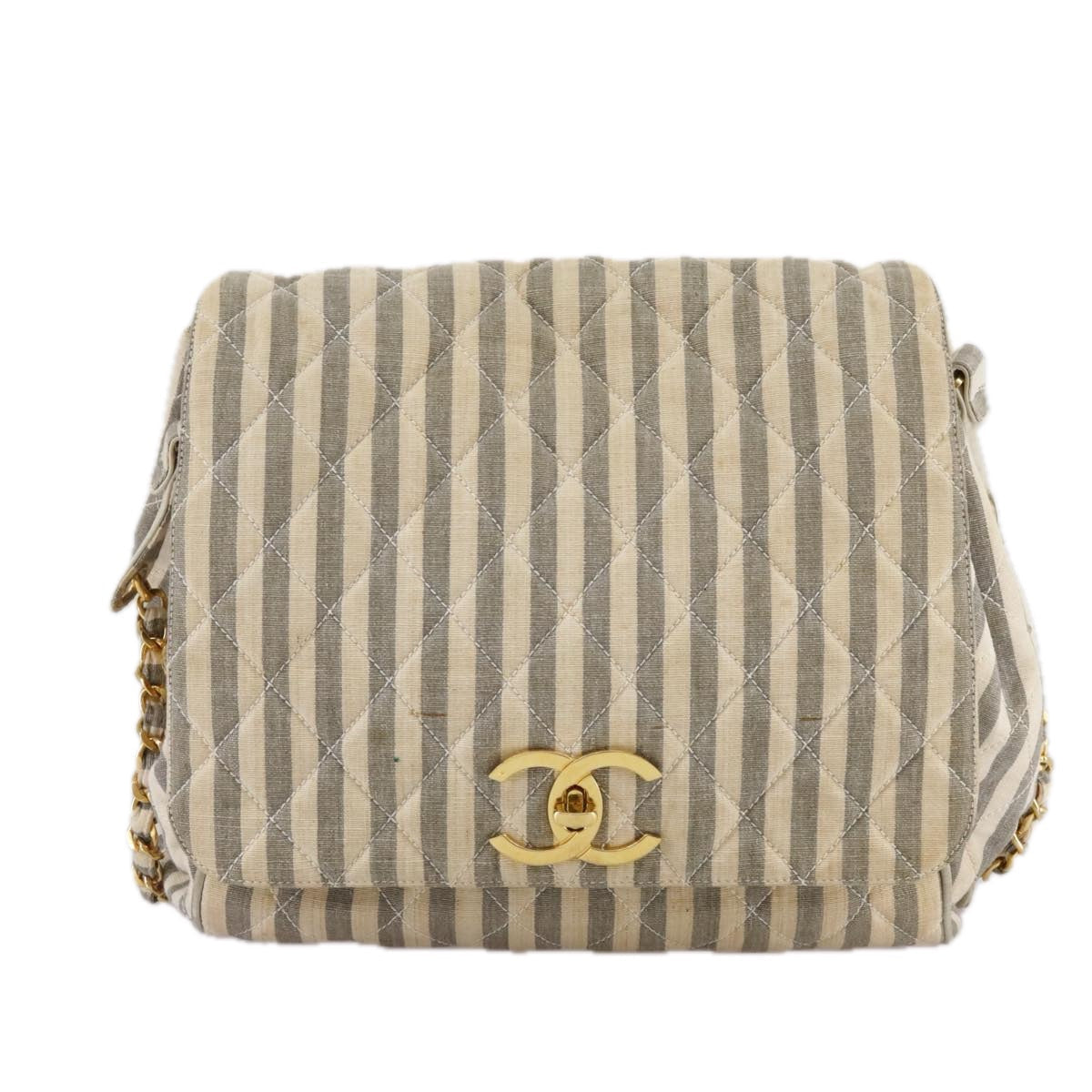 CHANEL Matelasse Big COCO Mark Chain Shoulder Bag Canvas Gray Gold CC 97974