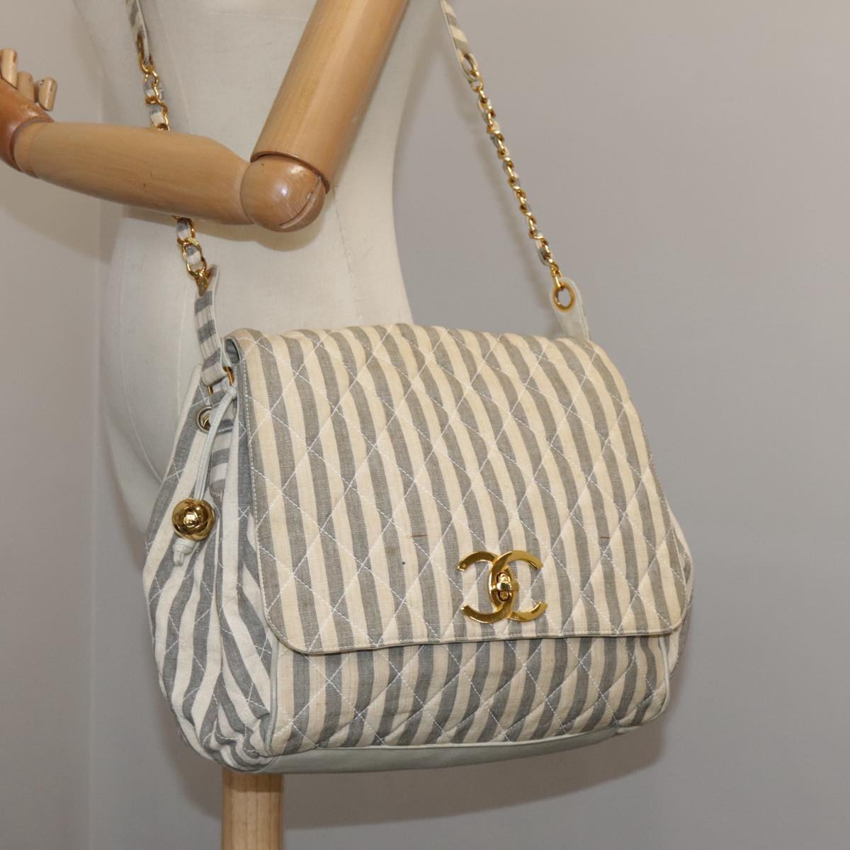 CHANEL Matelasse Big COCO Mark Chain Shoulder Bag Canvas Gray Gold CC 97974