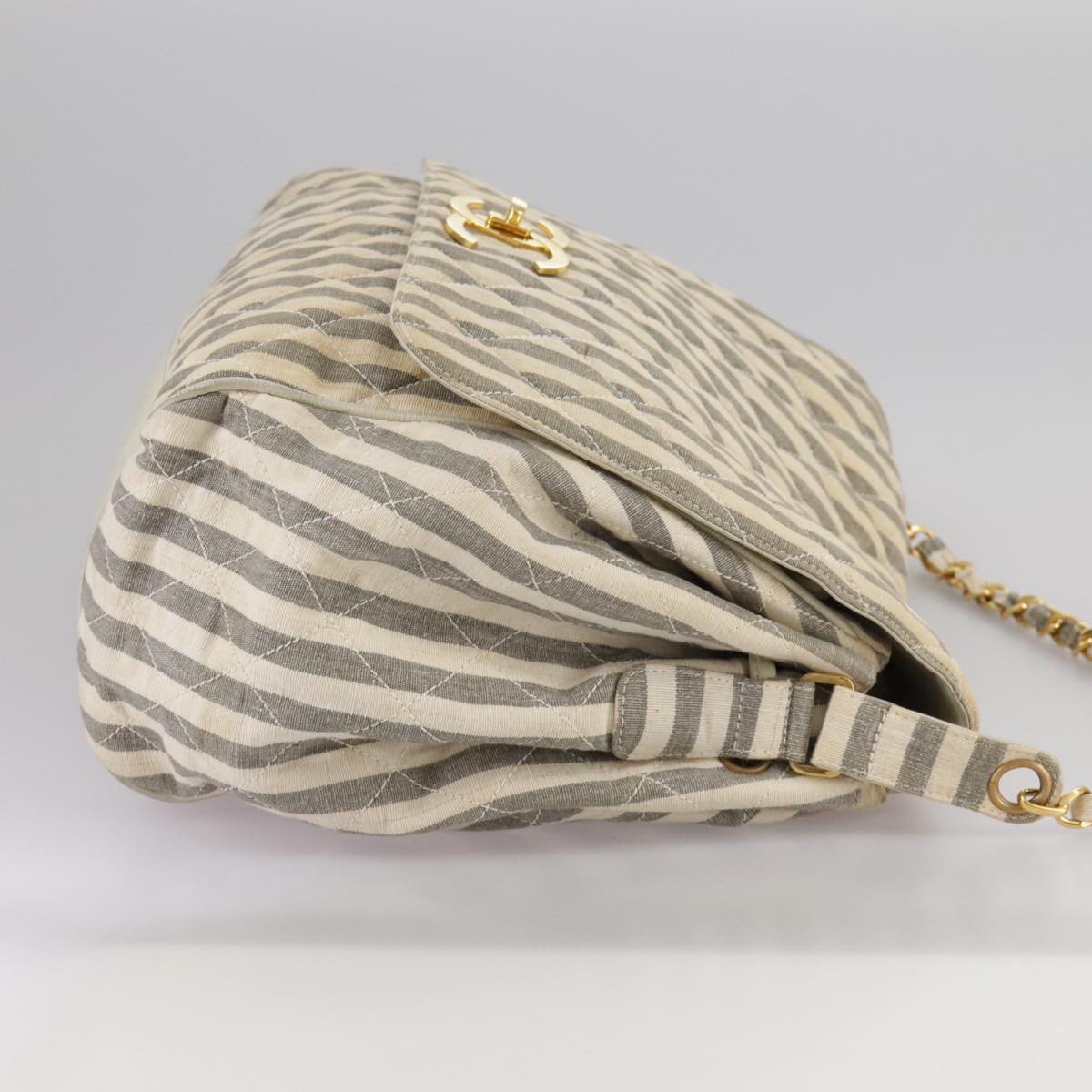 CHANEL Matelasse Big COCO Mark Chain Shoulder Bag Canvas Gray Gold CC 97974