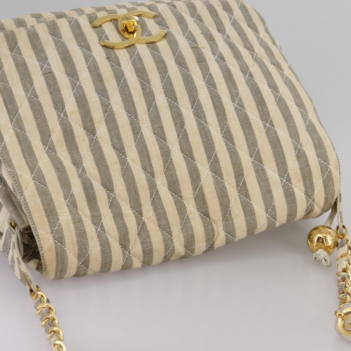 CHANEL Matelasse Big COCO Mark Chain Shoulder Bag Canvas Gray Gold CC 97974