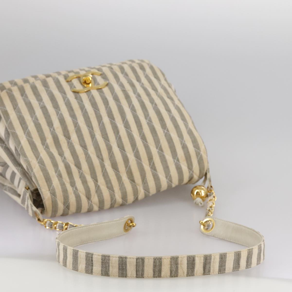 CHANEL Matelasse Big COCO Mark Chain Shoulder Bag Canvas Gray Gold CC 97974
