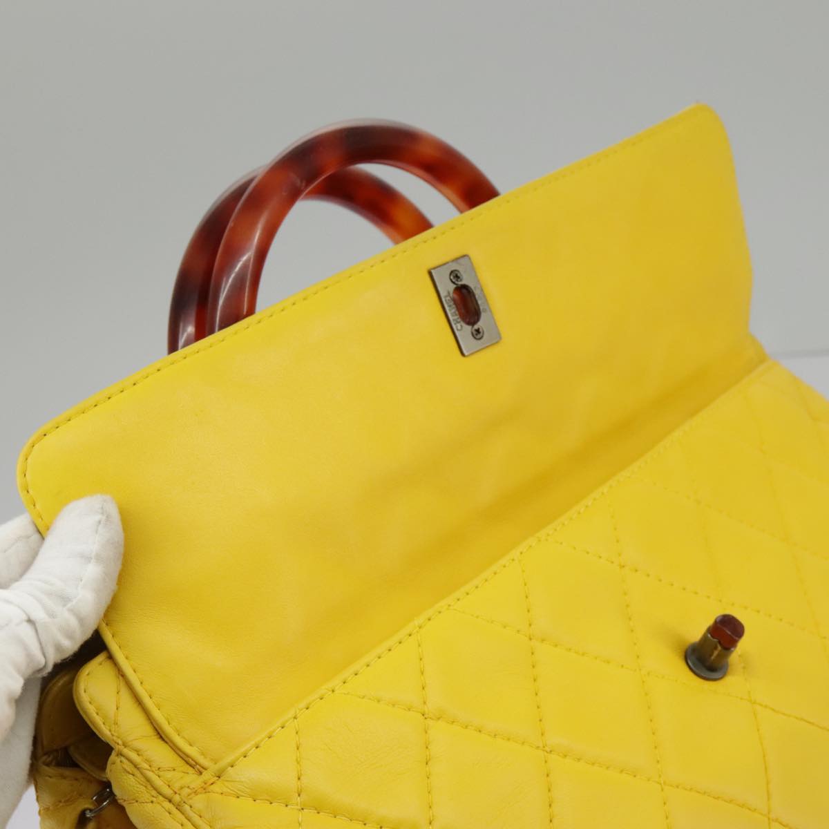 CHANEL Matelasse Hand Bag Lamb Skin Yellow CC 98431
