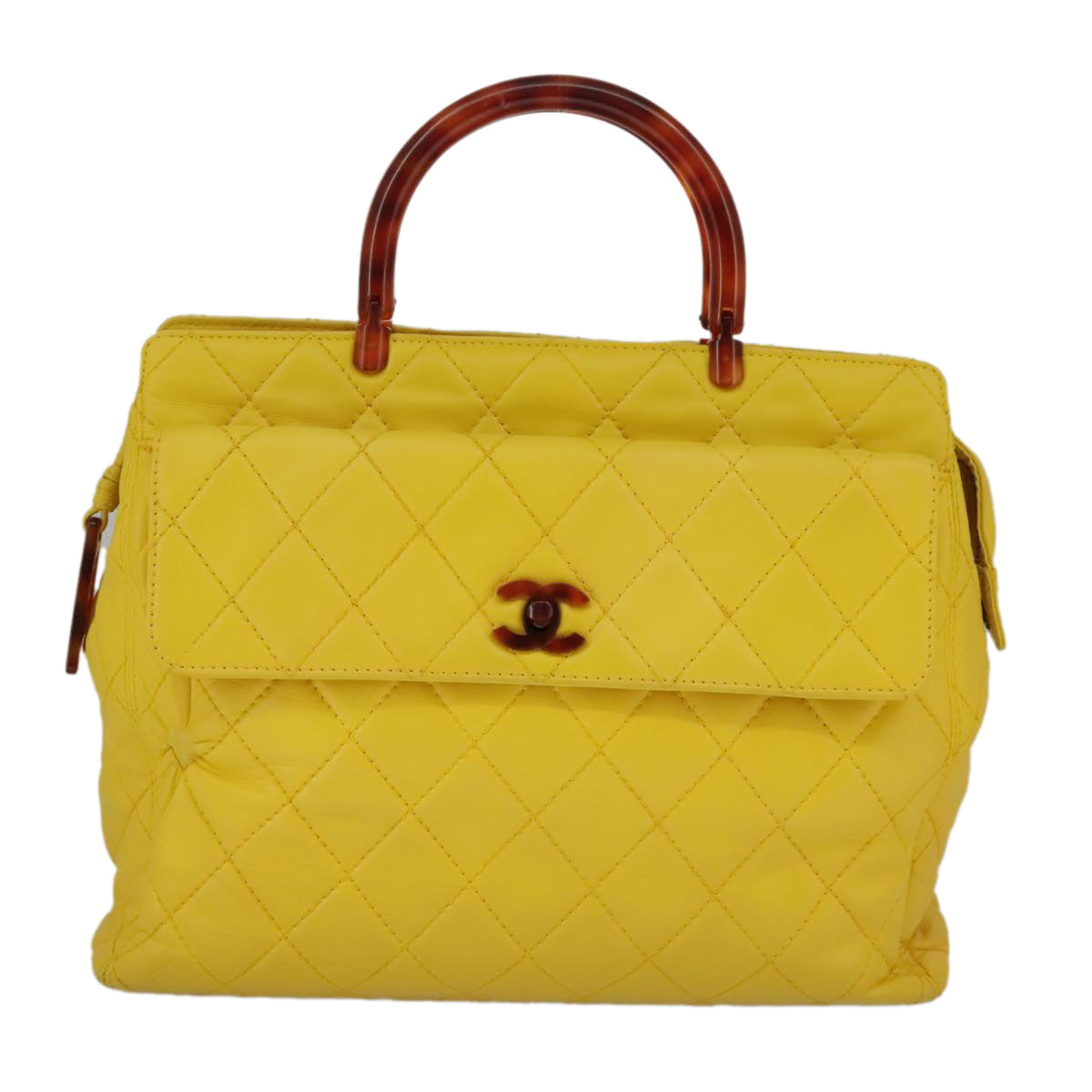 CHANEL Matelasse Hand Bag Lamb Skin Yellow CC 98431
