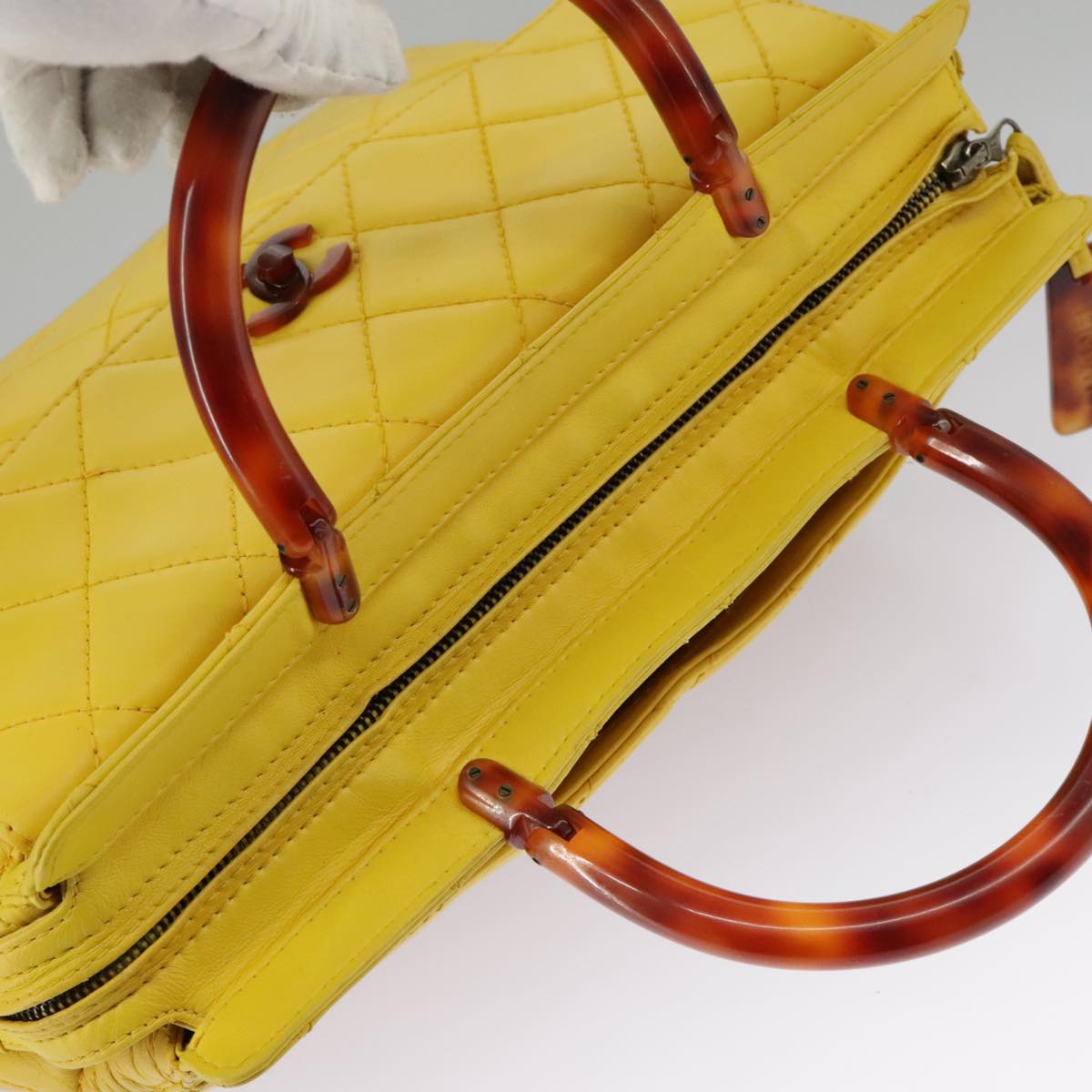 CHANEL Matelasse Hand Bag Lamb Skin Yellow CC 98431