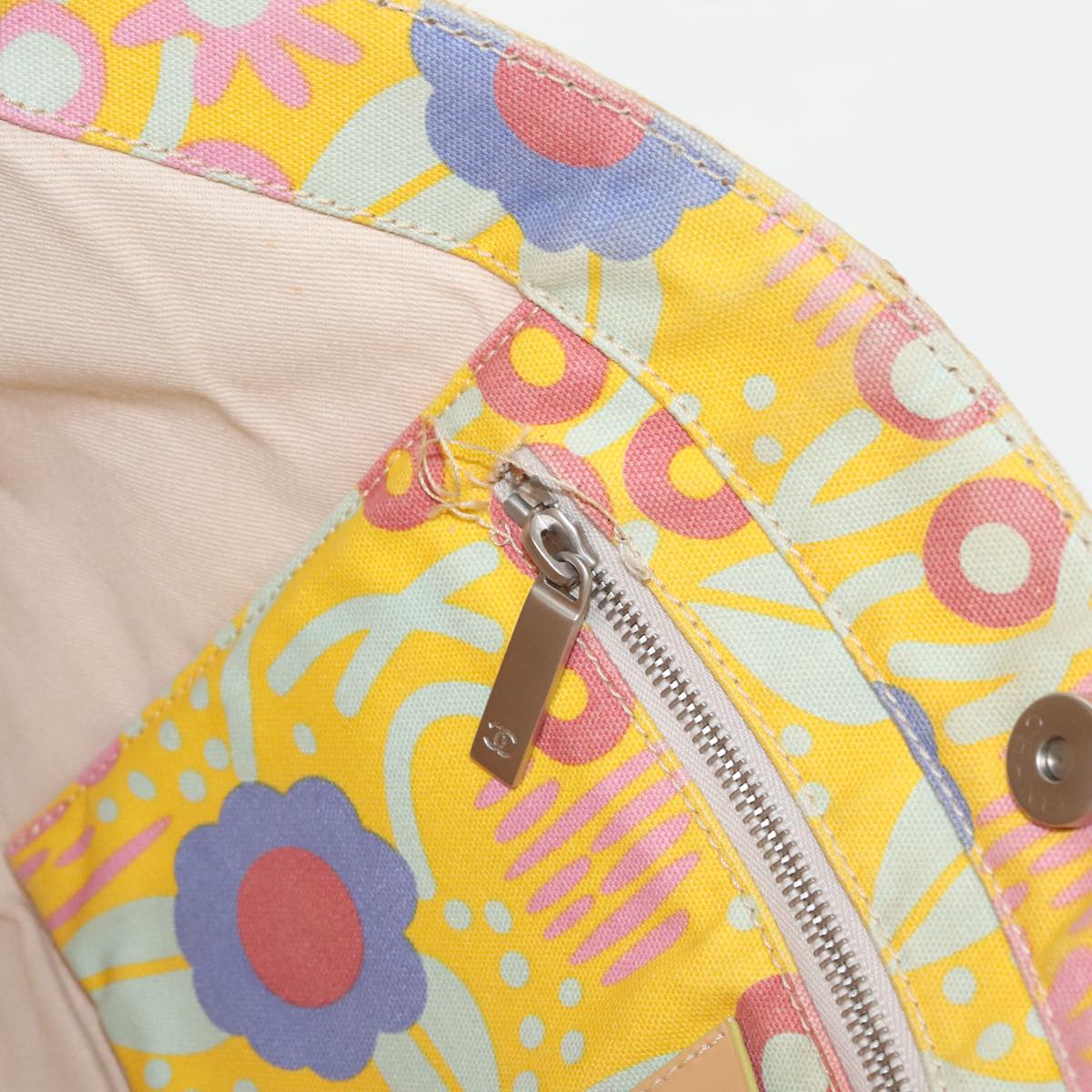 CHANEL Flower Pattern Tote Bag Canvas Silver Yellow CC 98441