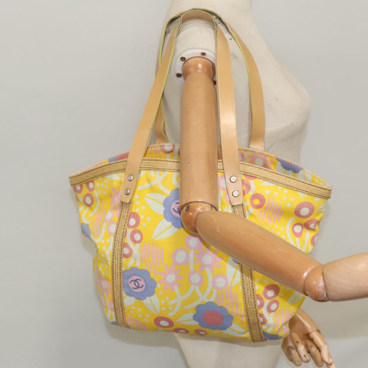 CHANEL Flower Pattern Tote Bag Canvas Silver Yellow CC 98441