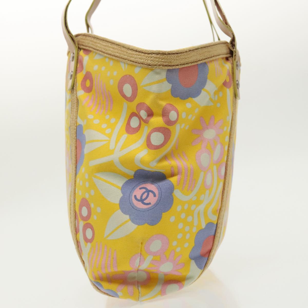 CHANEL Flower Pattern Tote Bag Canvas Silver Yellow CC 98441