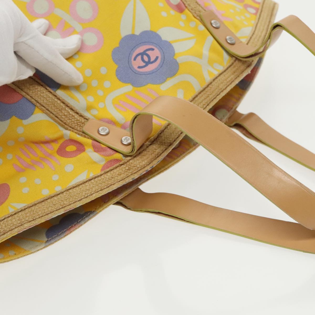 CHANEL Flower Pattern Tote Bag Canvas Silver Yellow CC 98441