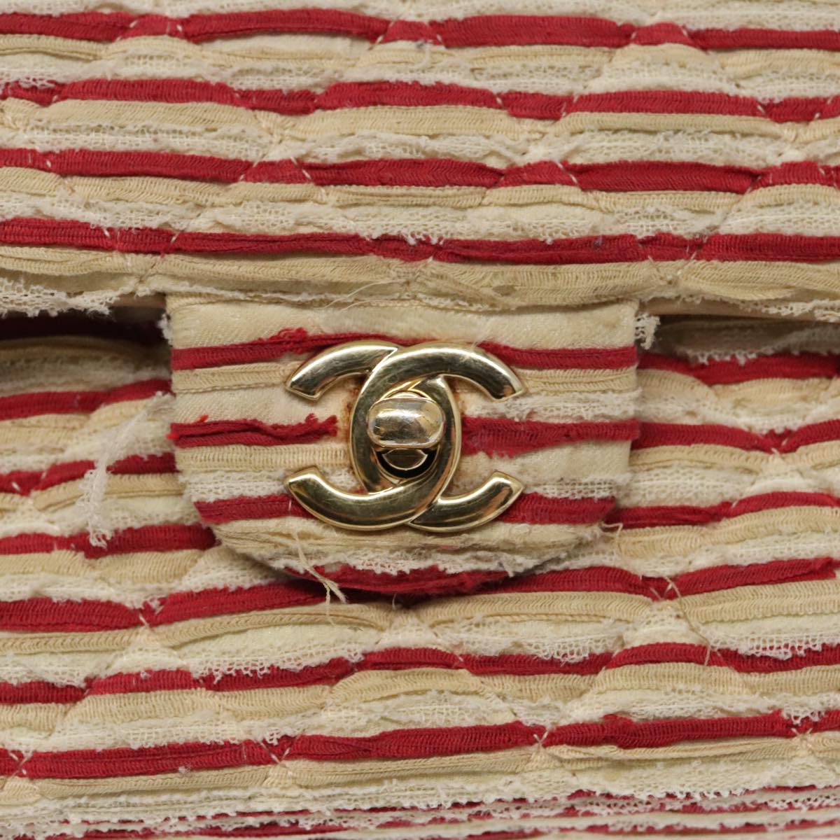 CHANEL Matelasse Chain Border Shoulder Bag Canvas Red Gold beige CC 98535