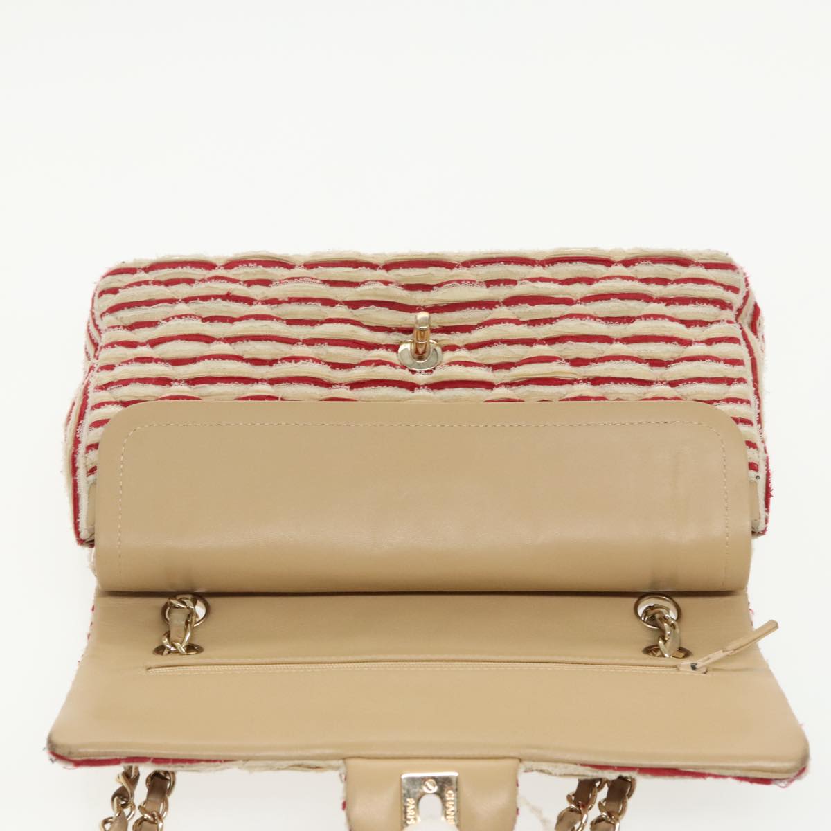 CHANEL Matelasse Chain Border Shoulder Bag Canvas Red Gold beige CC 98535
