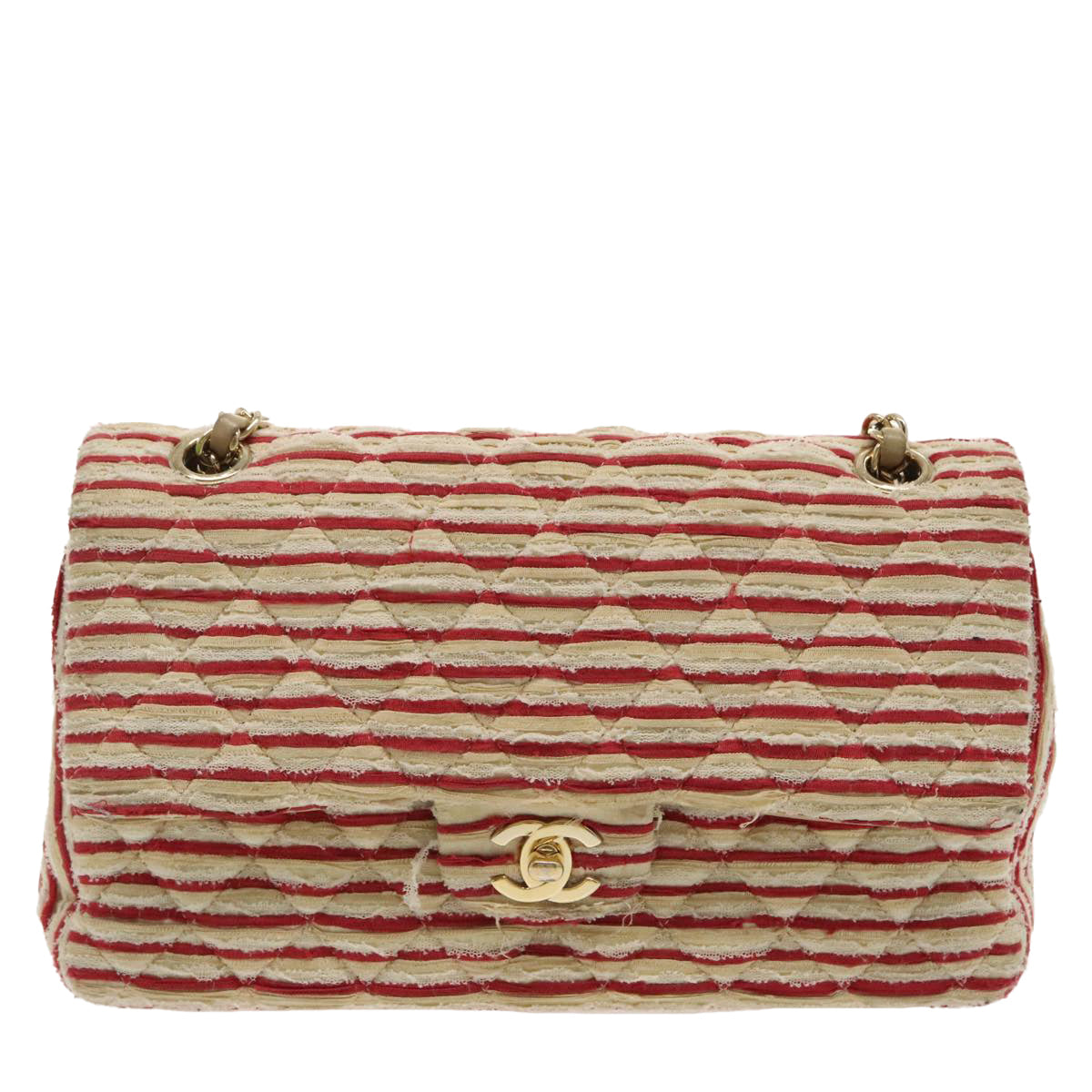 CHANEL Matelasse Chain Border Shoulder Bag Canvas Red Gold beige CC 98535