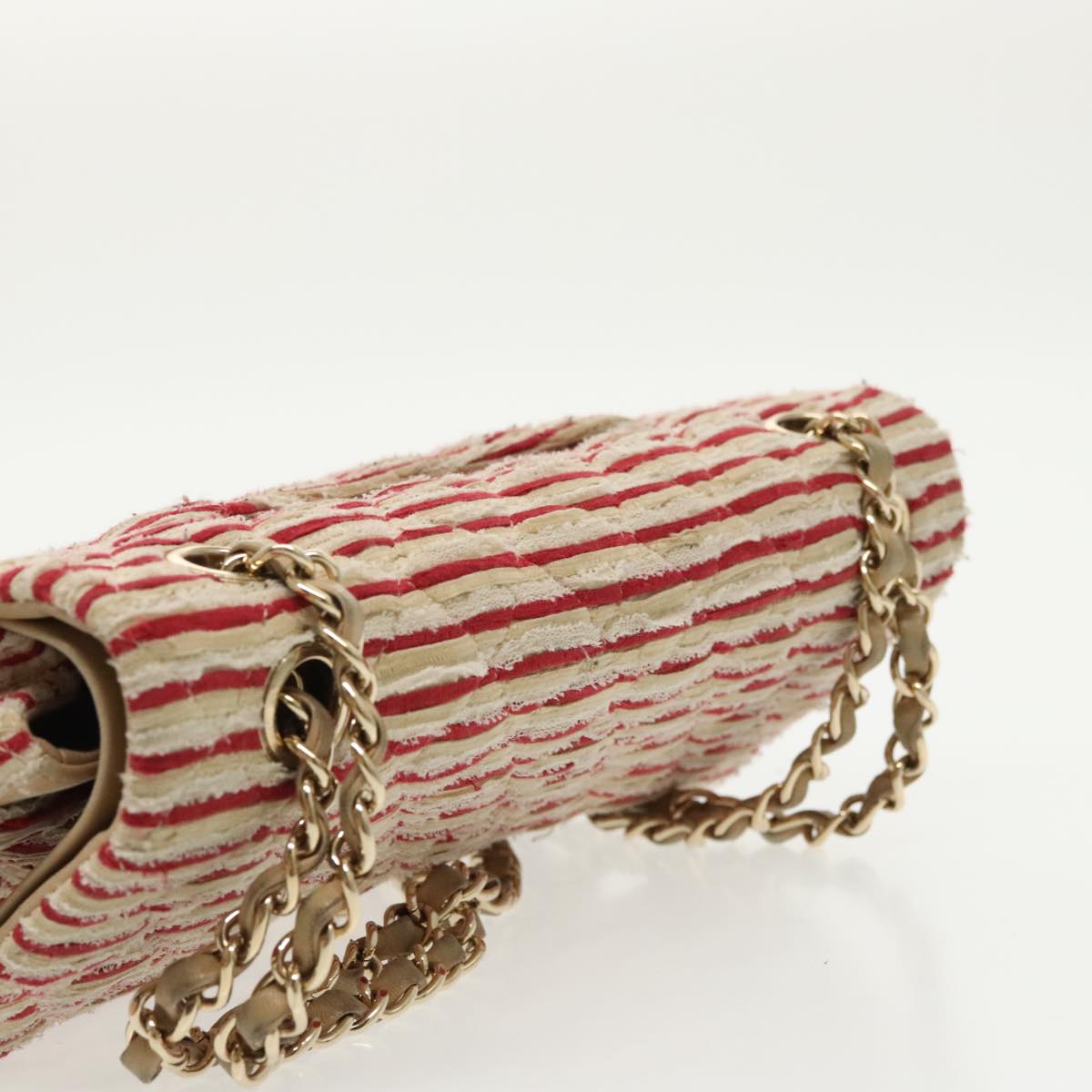CHANEL Matelasse Chain Border Shoulder Bag Canvas Red Gold beige CC 98535