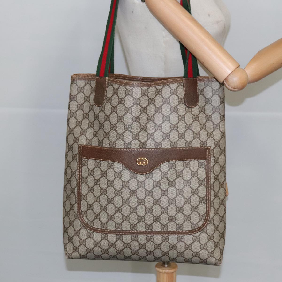 GUCCI GG Supreme Web Sherry Line Tote Bag PVC Beige Gold 002 123 6487 98704