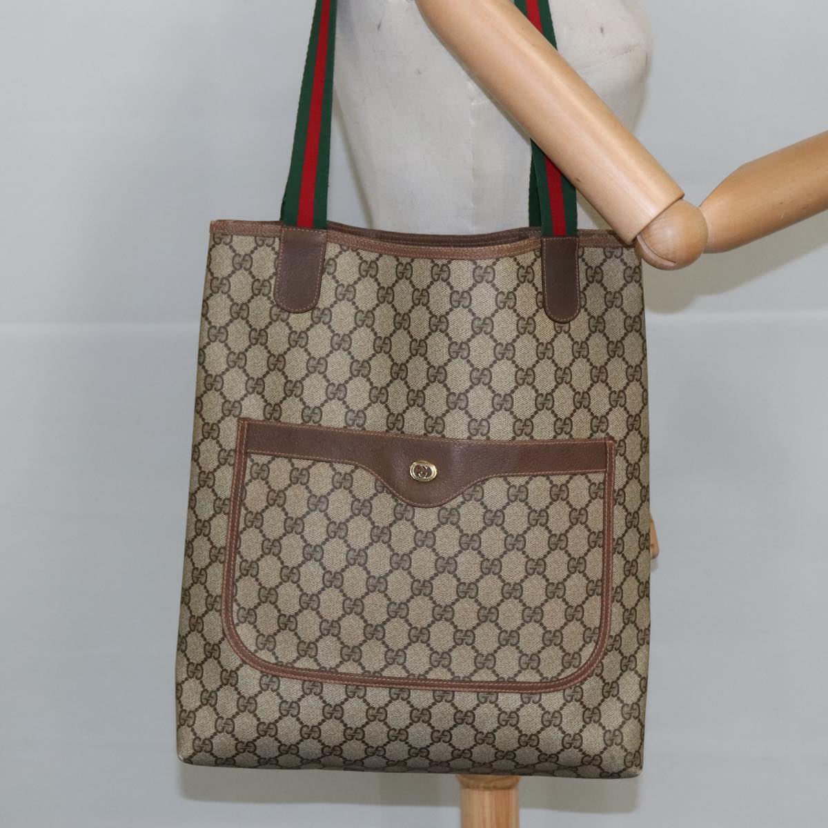 GUCCI GG Supreme Web Sherry Line Tote Bag PVC Beige Gold 89 02 003 98727