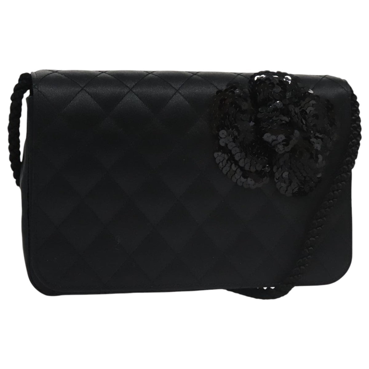 CHANEL Matelasse Sequin Flower Shoulder Bag Satin Black CC 99855