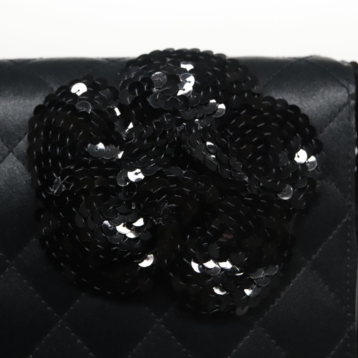 CHANEL Matelasse Sequin Flower Shoulder Bag Satin Black CC 99855