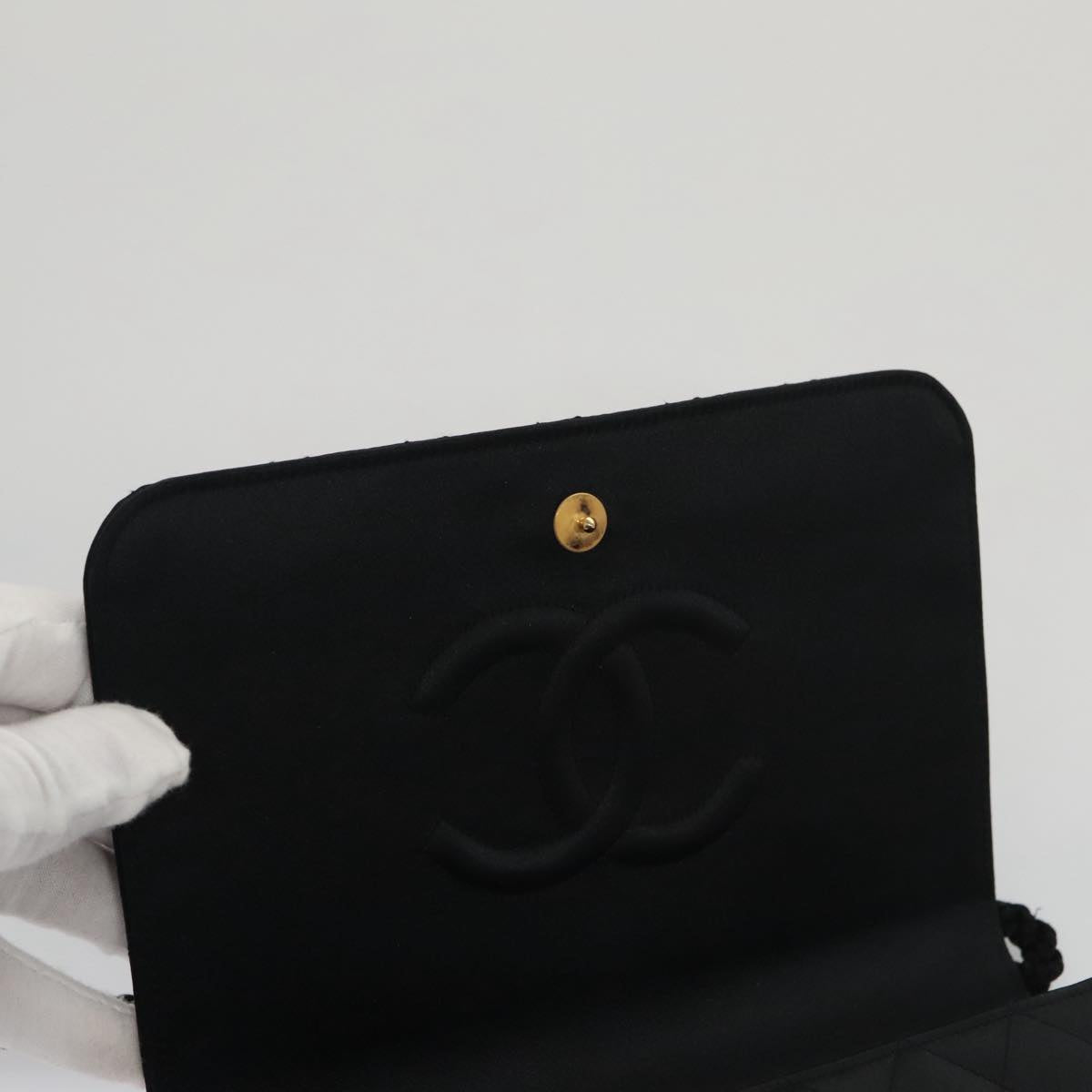 CHANEL Matelasse Sequin Flower Shoulder Bag Satin Black CC 99855