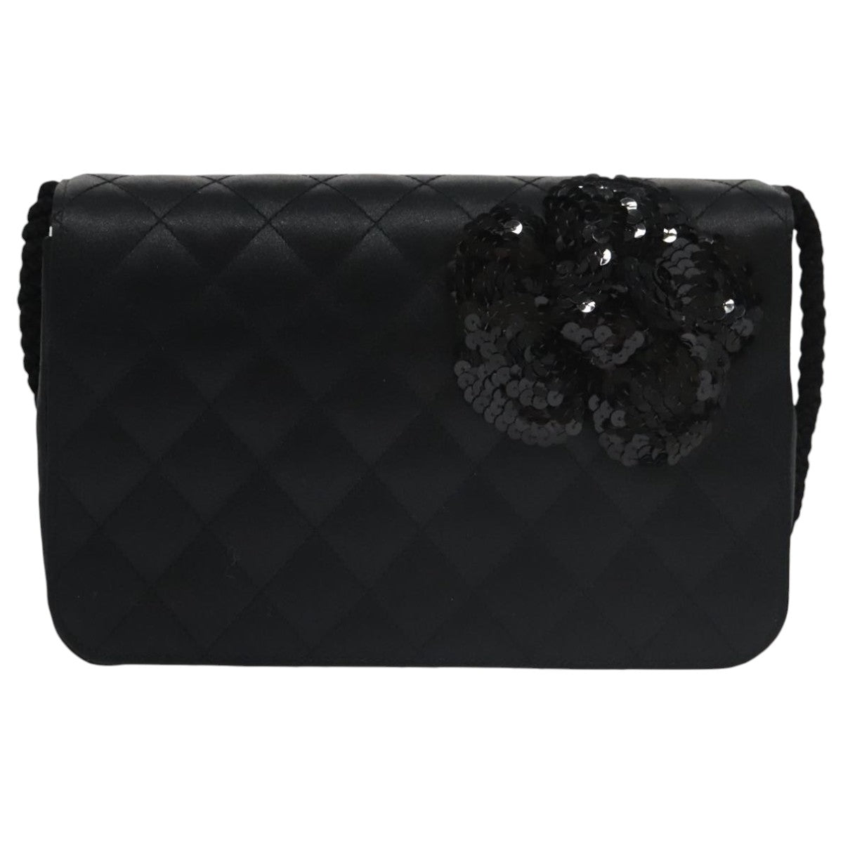 CHANEL Matelasse Sequin Flower Shoulder Bag Satin Black CC 99855