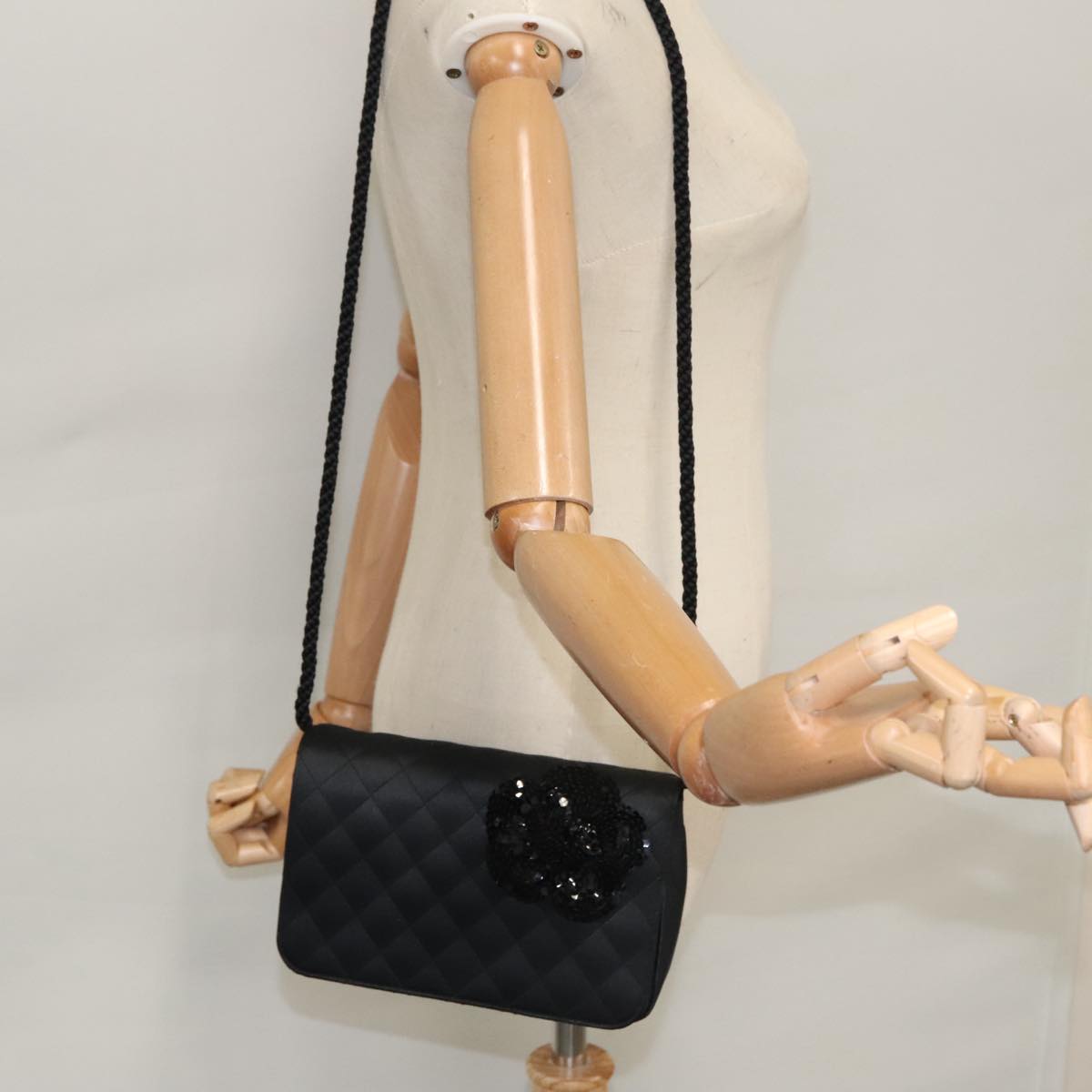 CHANEL Matelasse Sequin Flower Shoulder Bag Satin Black CC 99855