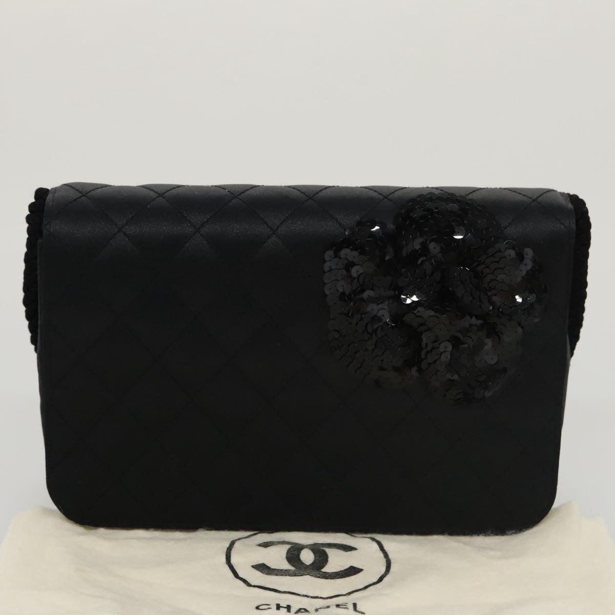 CHANEL Matelasse Sequin Flower Shoulder Bag Satin Black CC 99855