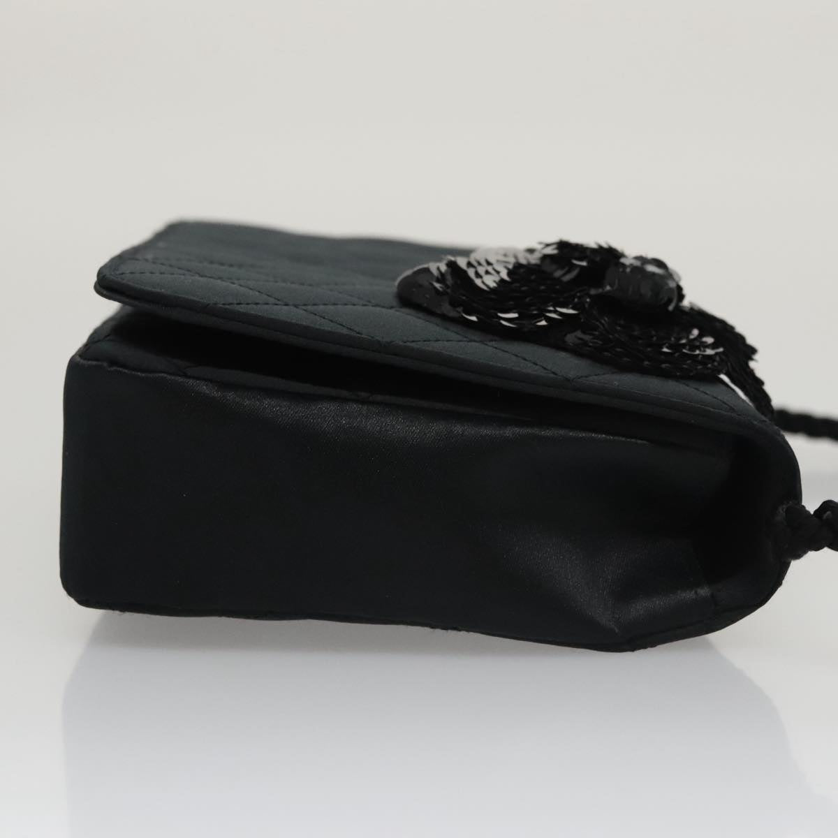 CHANEL Matelasse Sequin Flower Shoulder Bag Satin Black CC 99855