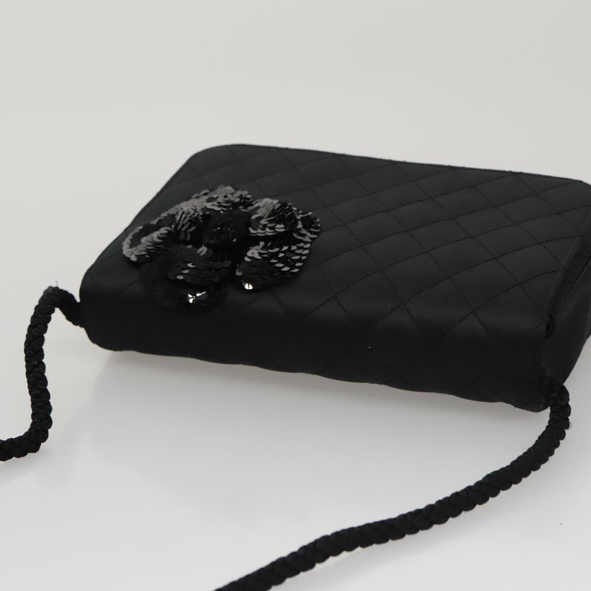 CHANEL Matelasse Sequin Flower Shoulder Bag Satin Black CC 99855