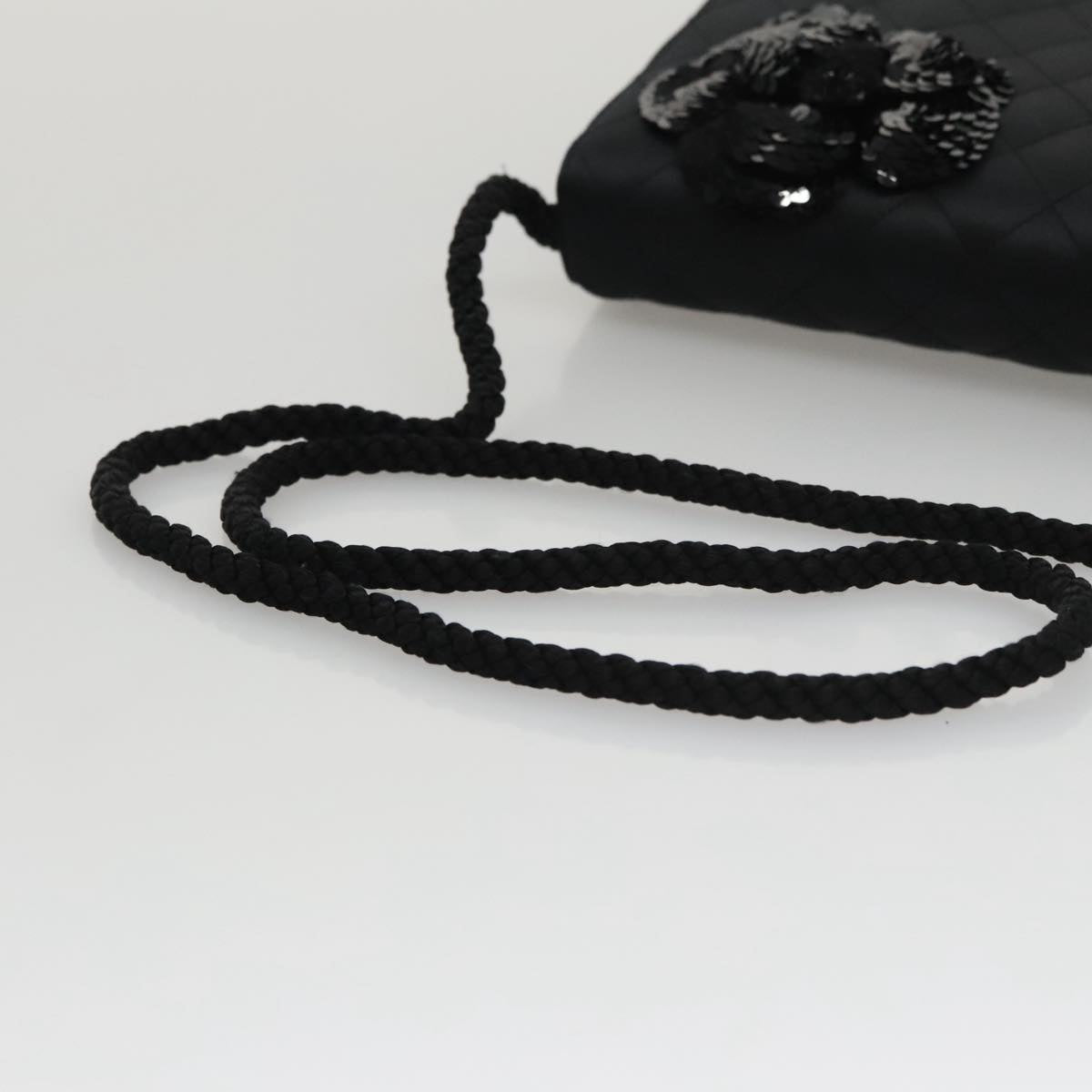 CHANEL Matelasse Sequin Flower Shoulder Bag Satin Black CC 99855
