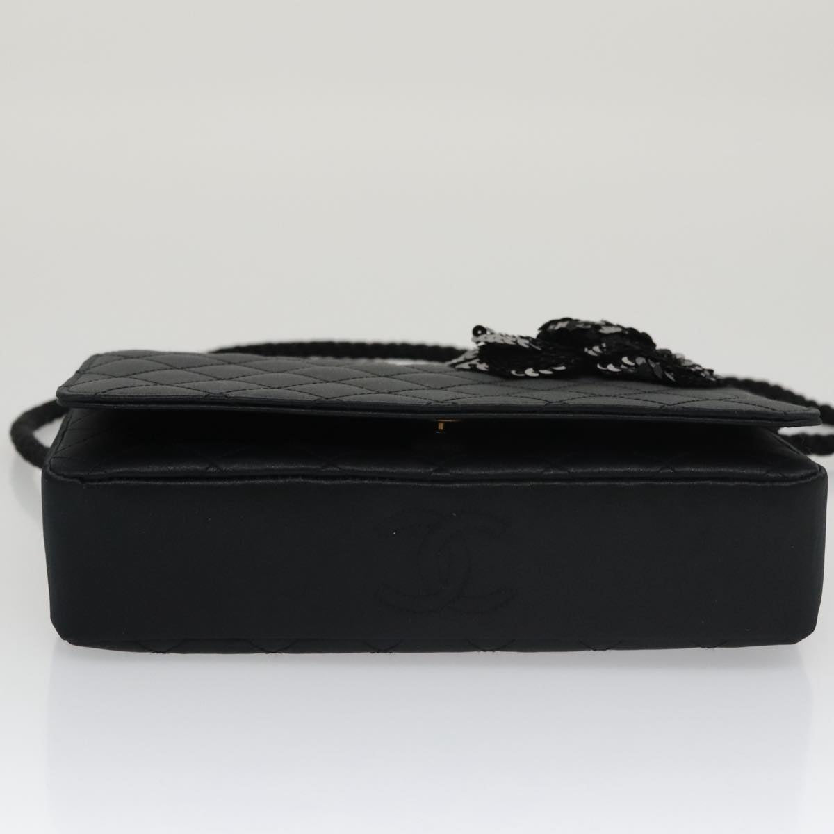 CHANEL Matelasse Sequin Flower Shoulder Bag Satin Black CC 99855