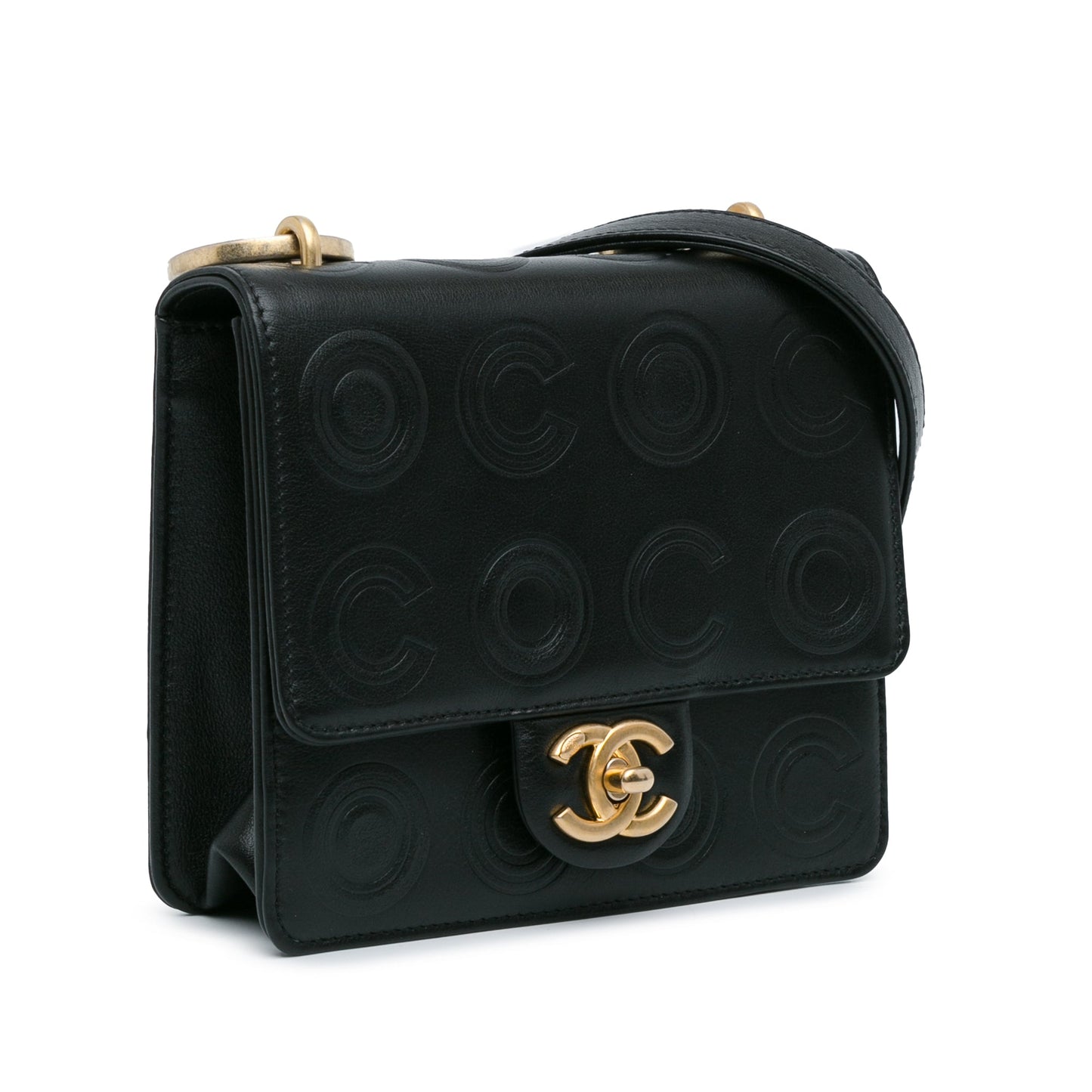 Black Chanel Mini Square Coco Embossed Calfskin Flap Crossbody Bag