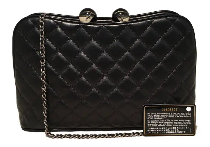 Chanel Black Leather Crystal Ball Kiss lock Clutch