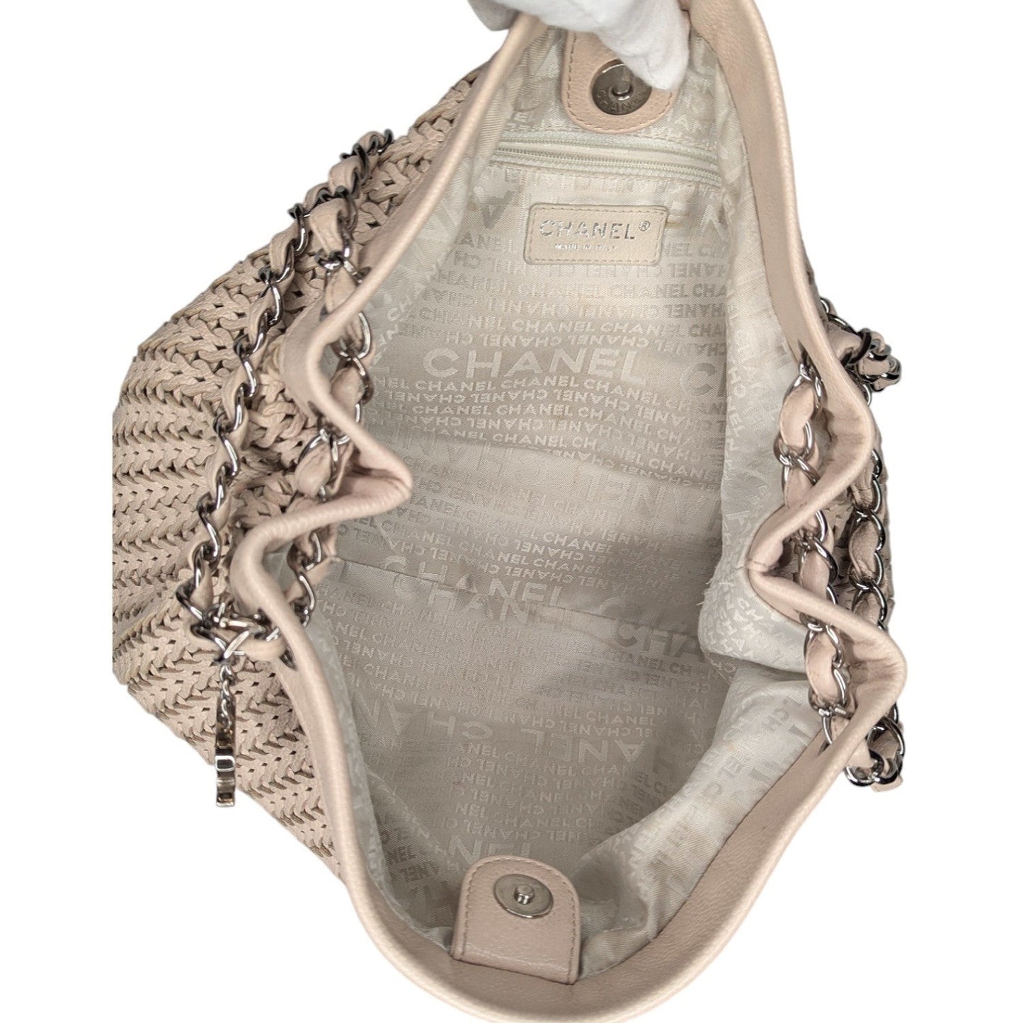 Chanel Vintage CC Charm Beige Woven Leather Tote