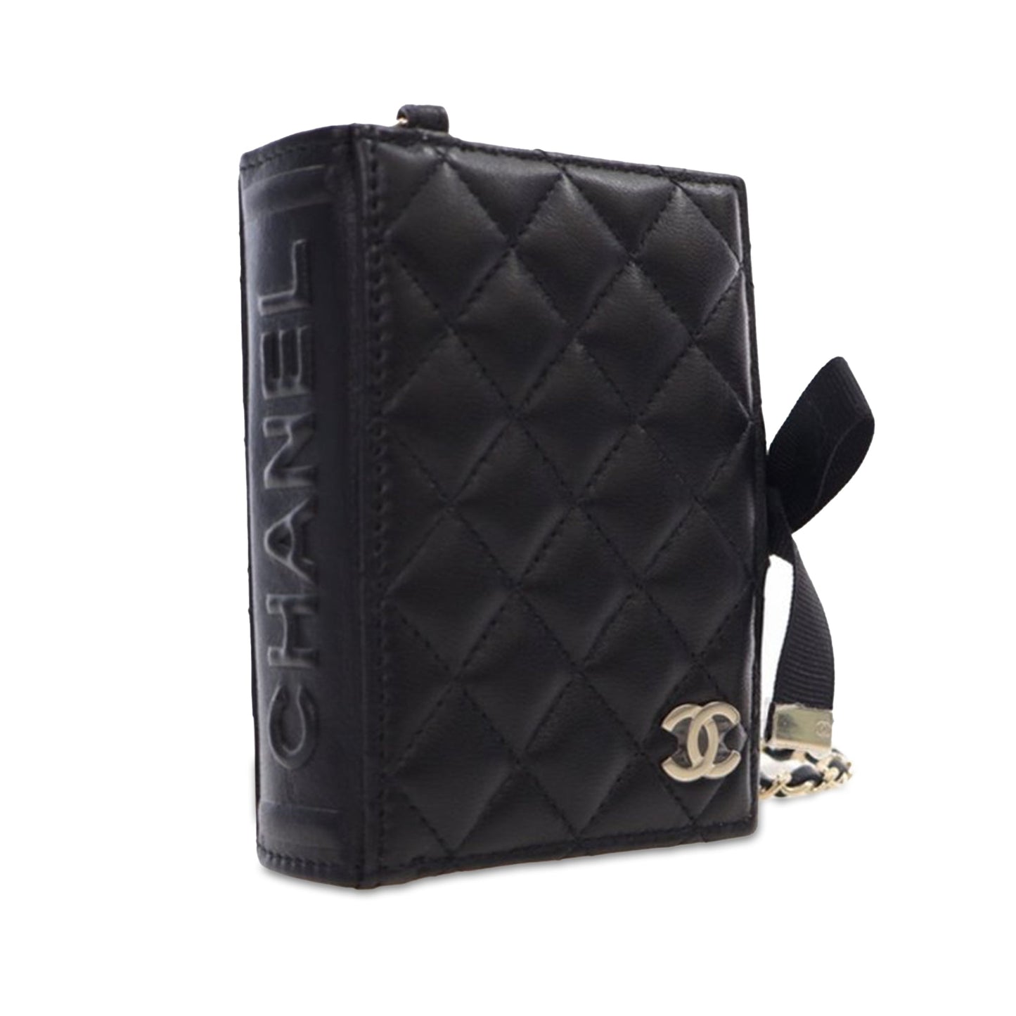Black Chanel Quilted Lambskin Book Card Holder On Chain Crossbody Bag