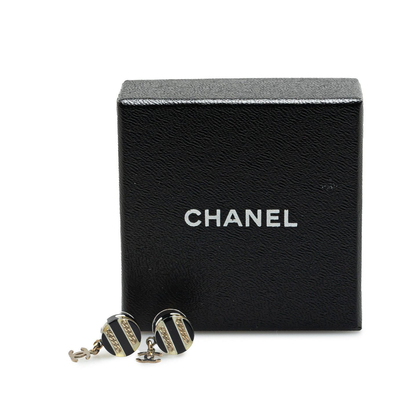 Black Chanel Resin CC Chain Drop Push Back Earrings