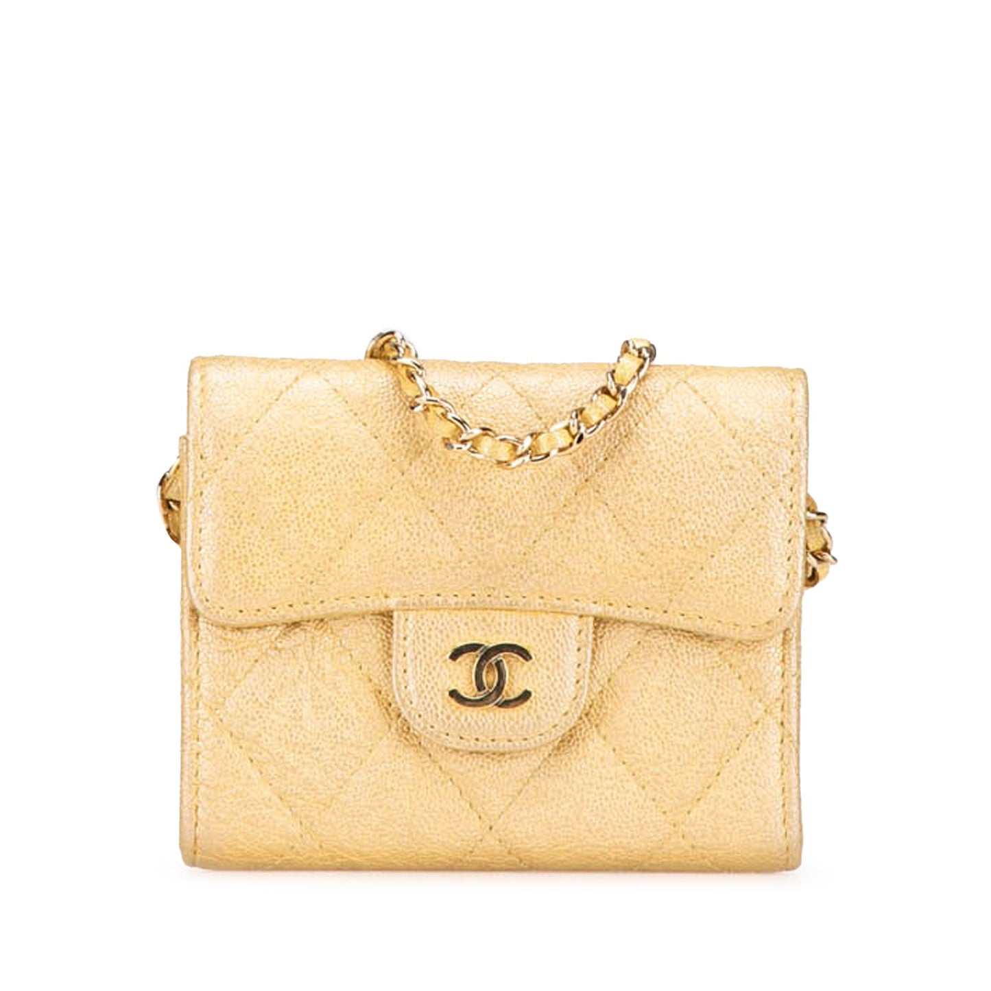 Gold Chanel CC Quilted Iridescent Caviar Flap Card Holder on Chain Crossbody Bag