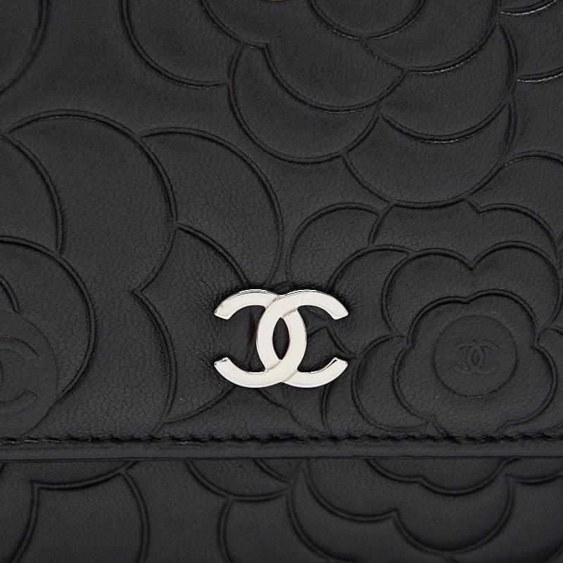 Chanel Black Embossed Camellia Lambskin Leather Small Shoulder Bag