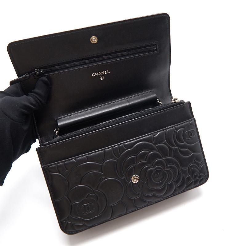 Chanel Black Embossed Camellia Lambskin Leather Small Shoulder Bag