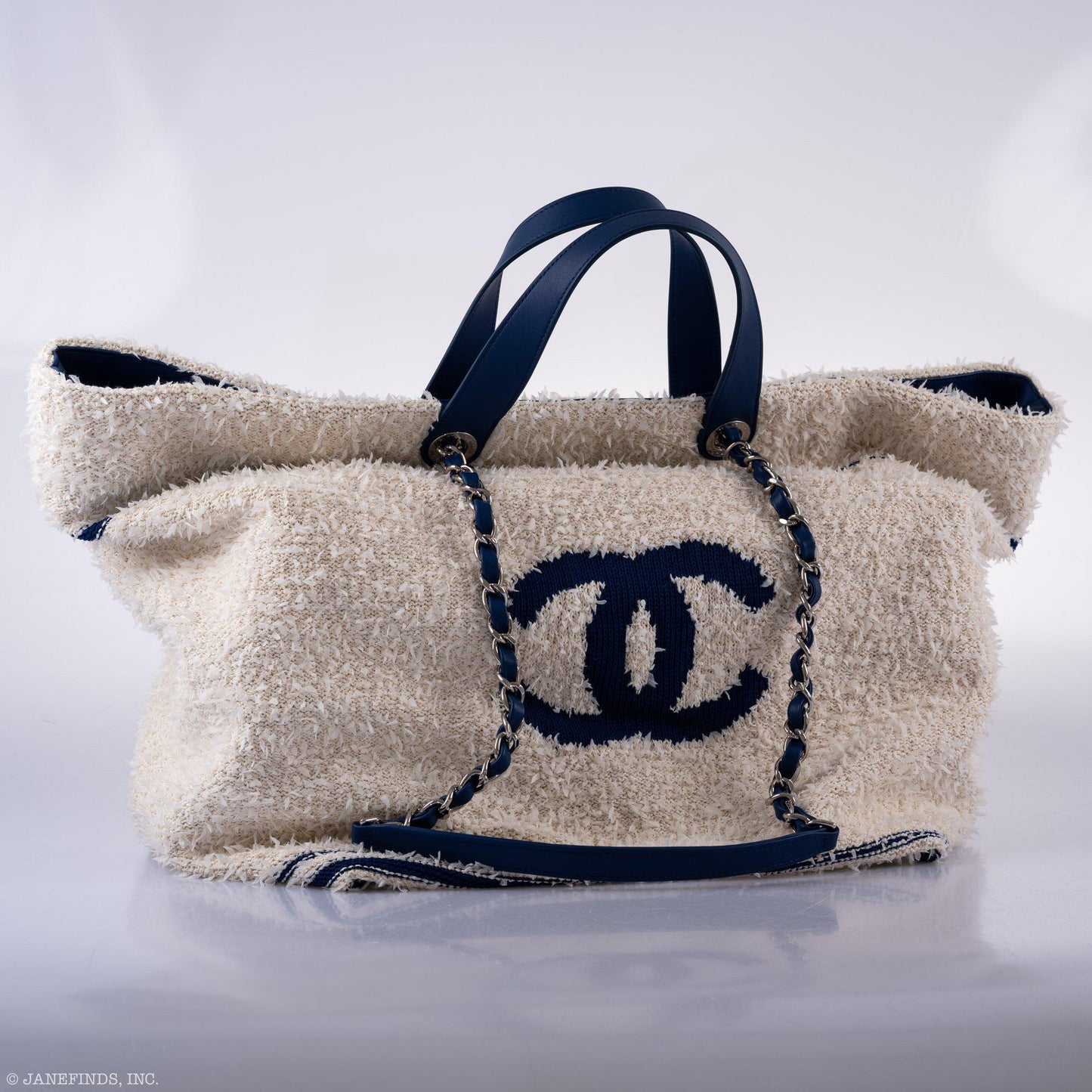 CHANEL Venise Biarritz Shopping Tote Terry Cloth Blue & White Large