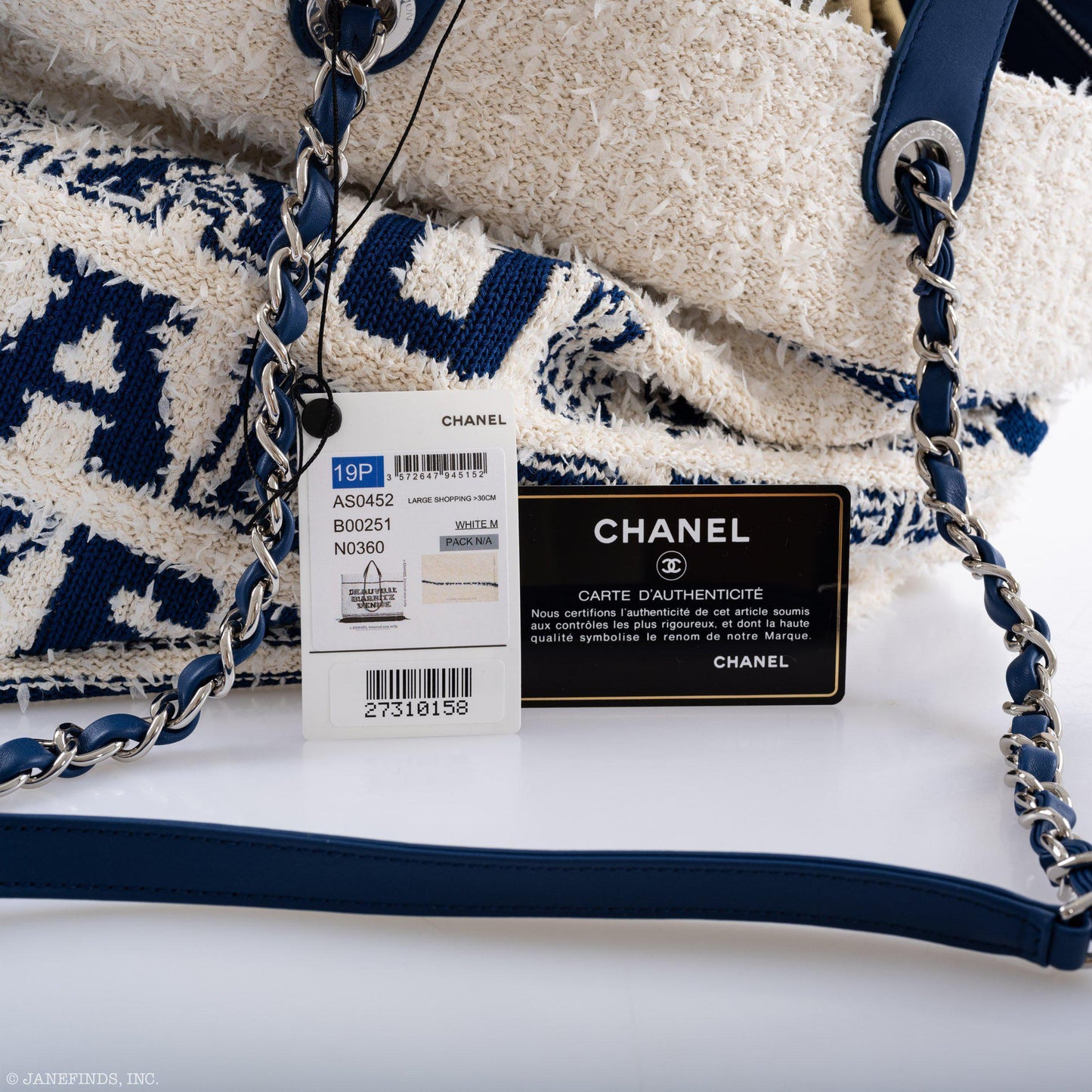 CHANEL Venise Biarritz Shopping Tote Terry Cloth Blue & White Large