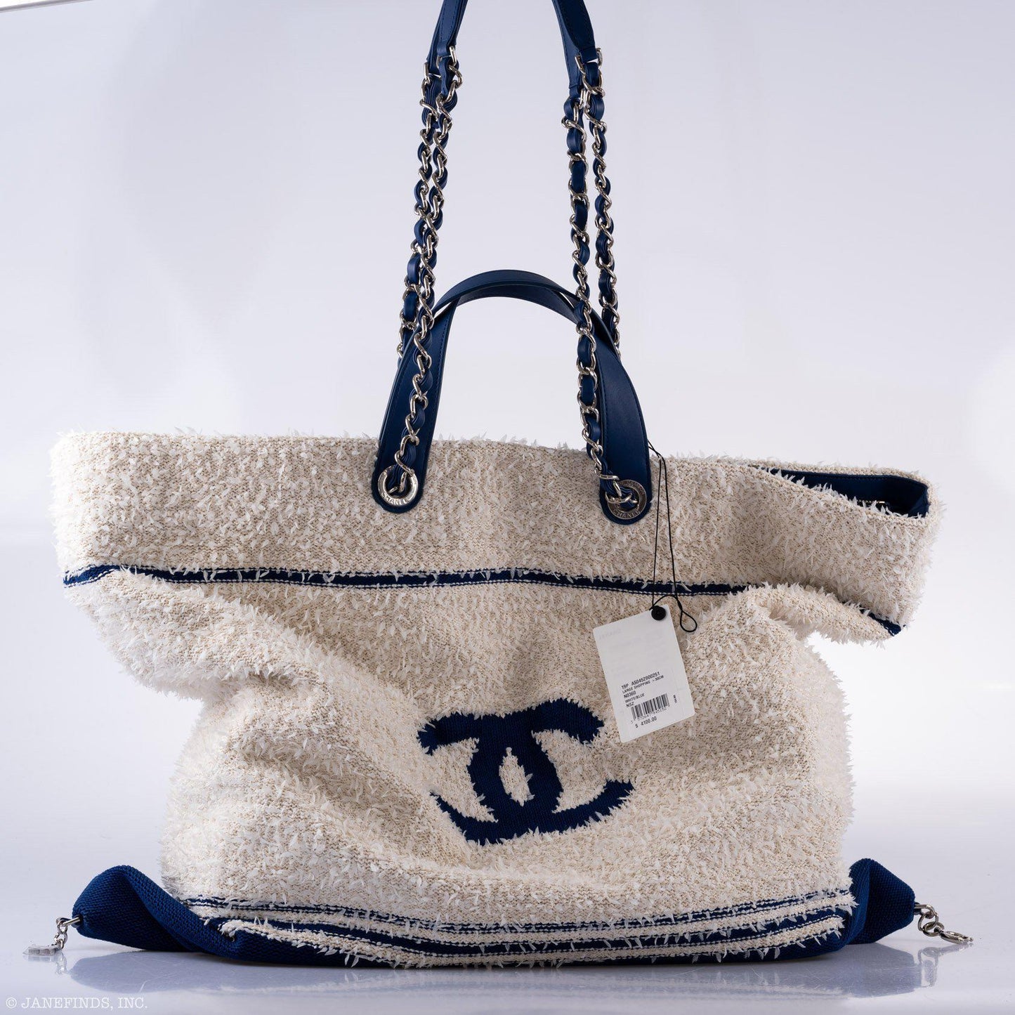 CHANEL Venise Biarritz Shopping Tote Terry Cloth Blue & White Large