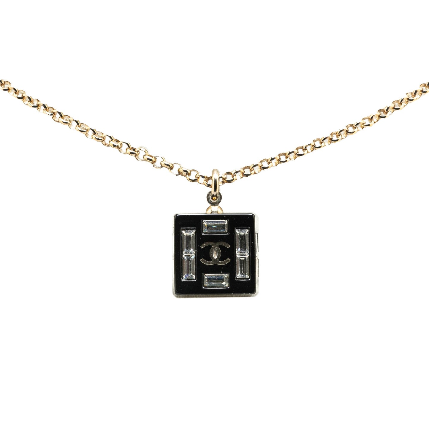 Black Chanel Resin Square CC Rhinestone Pendant Necklace
