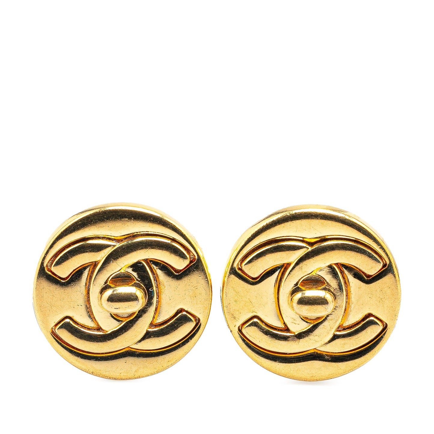 Gold Chanel Gold Plated CC Turnlock Round Clip on Earrings