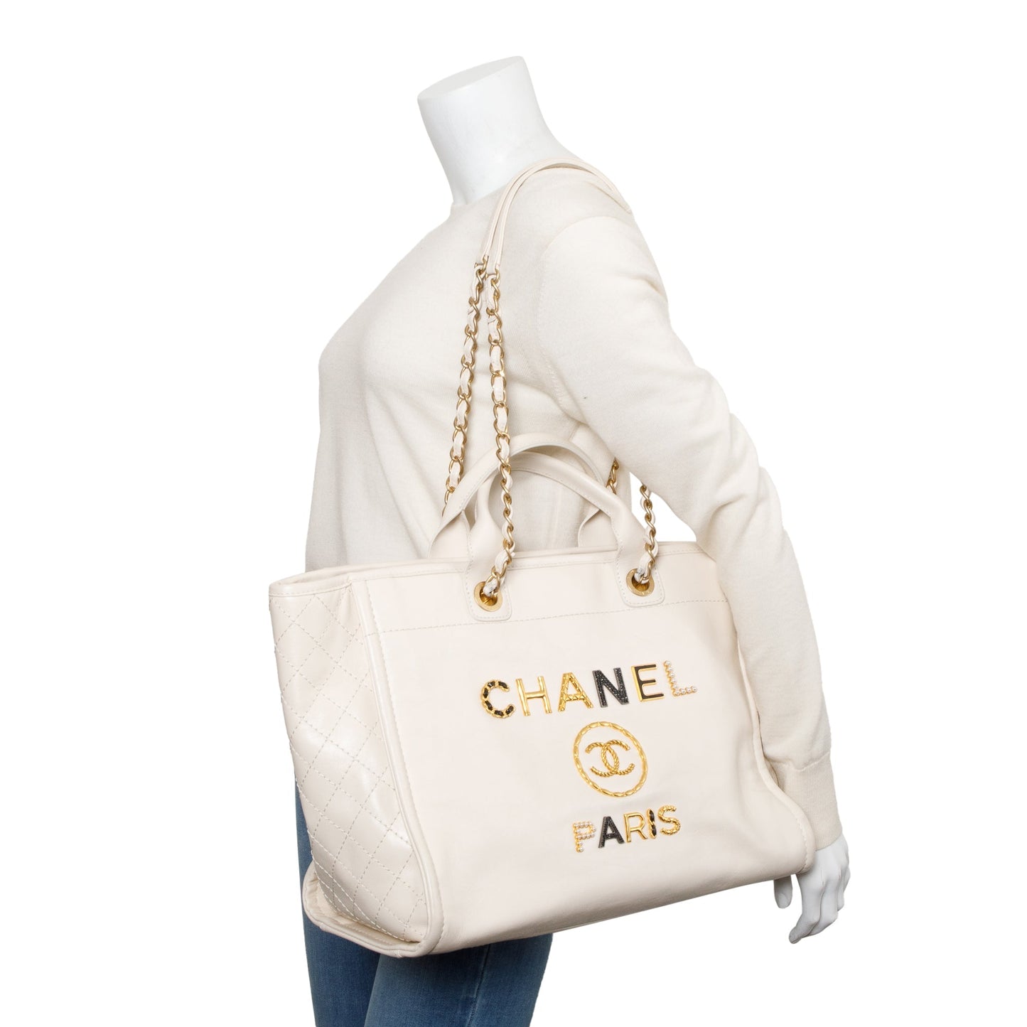 Chanel 2020 Neutral Calfskin Leather Embellised Medium Deauville Logo Charms Shopping Tote