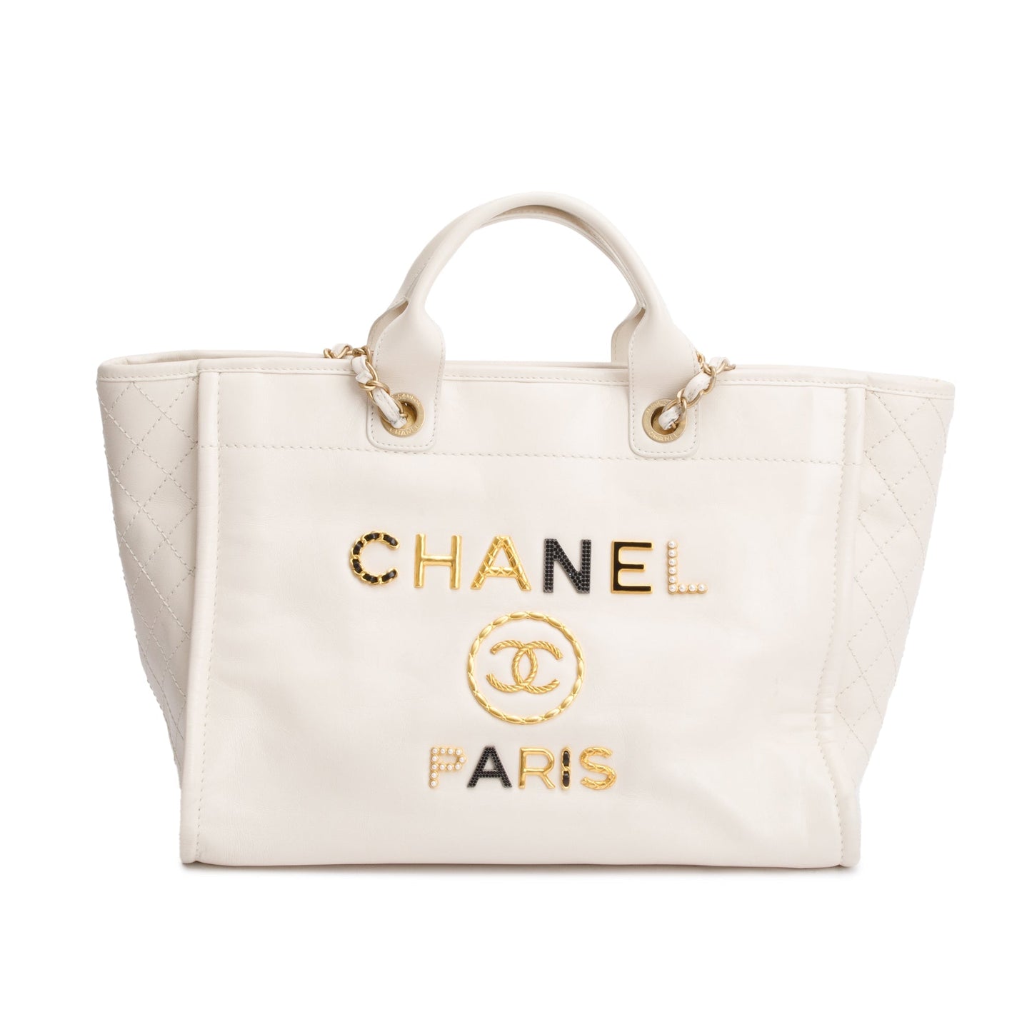 Chanel 2020 Neutral Calfskin Leather Embellised Medium Deauville Logo Charms Shopping Tote