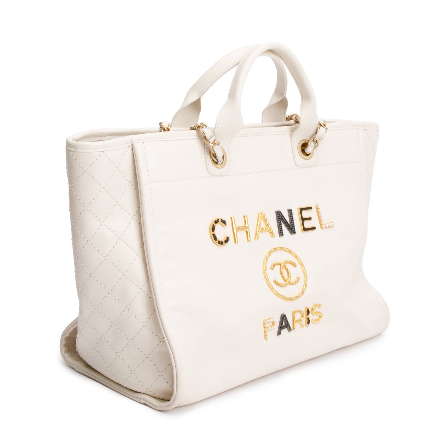 Chanel 2020 Neutral Calfskin Leather Embellised Medium Deauville Logo Charms Shopping Tote