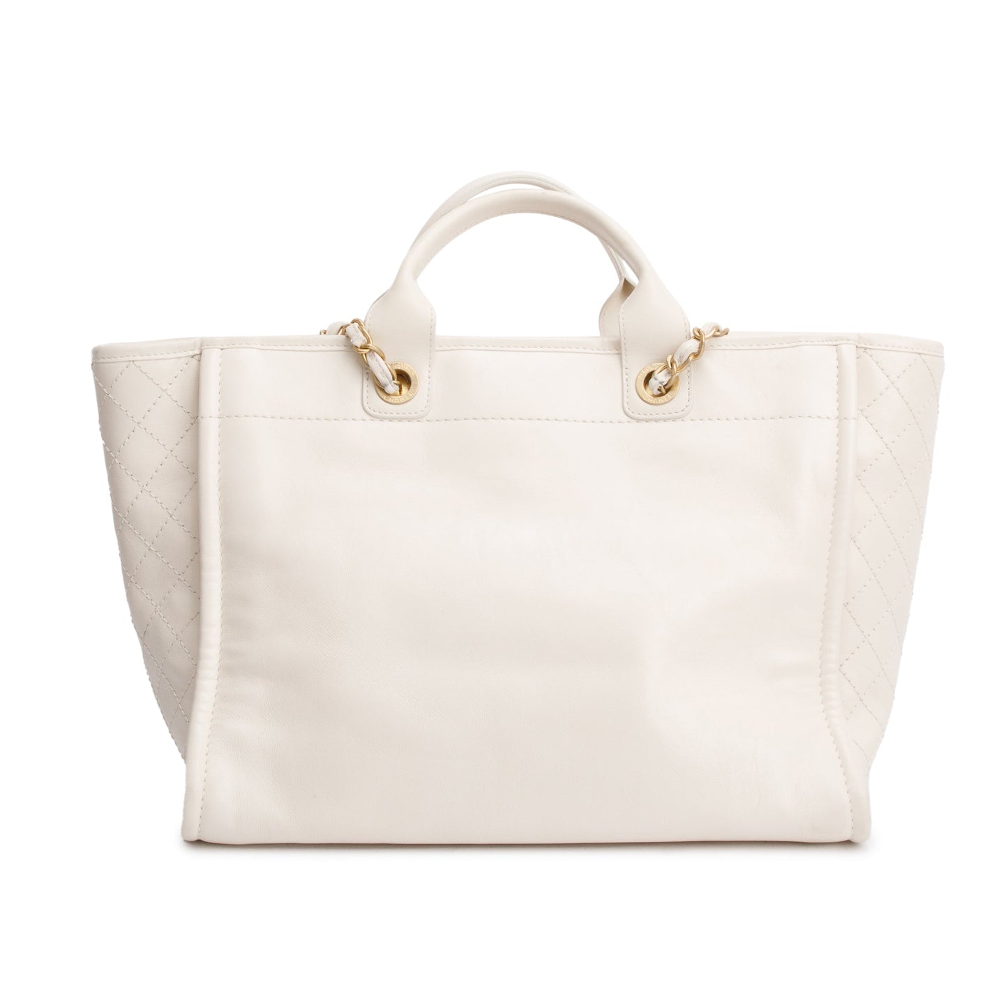Chanel 2020 Neutral Calfskin Leather Embellised Medium Deauville Logo Charms Shopping Tote