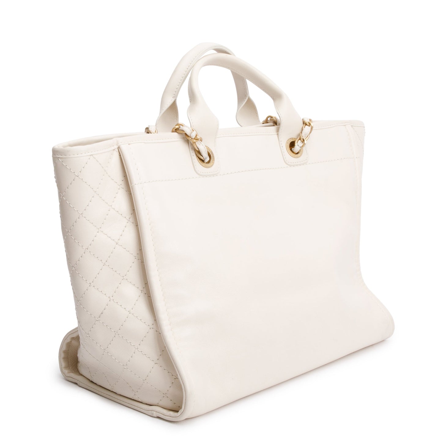 Chanel 2020 Neutral Calfskin Leather Embellised Medium Deauville Logo Charms Shopping Tote