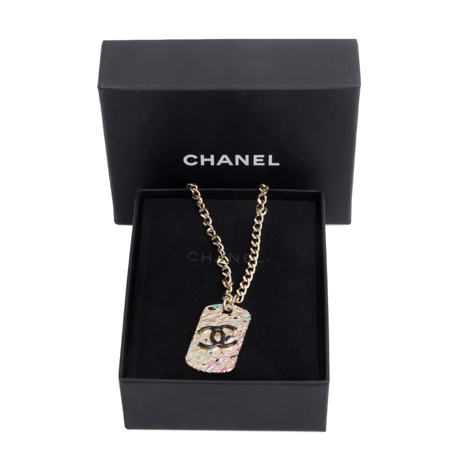 Chanel 2021 Gold-Plated Metal & Resin CC Dog Tag Pendant Necklace w/ Box